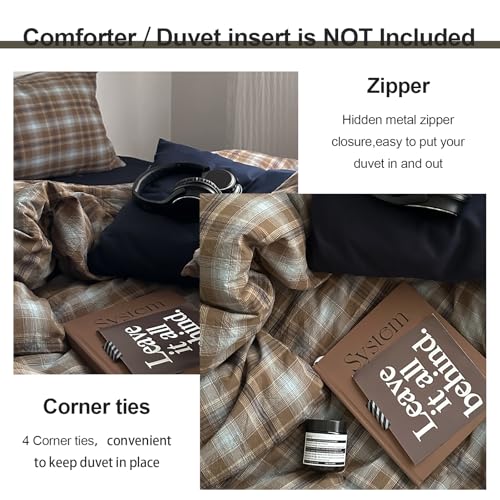 Image of EAVD Vintage Plaid Duvet Cover Queen Soft 100% Washed Cotton Bedding Set Retro Brown&Blue Grid Checkered Bedding Set with 2 Pillowcases Farmhouse Neutral Plaid Gingham Comforter Cover with Zipper