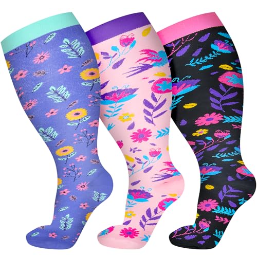 3 Pairs Plus Size Compression Socks for Women Wide Calf Extra Large Knee High Support for Travel,Yoga, Running
