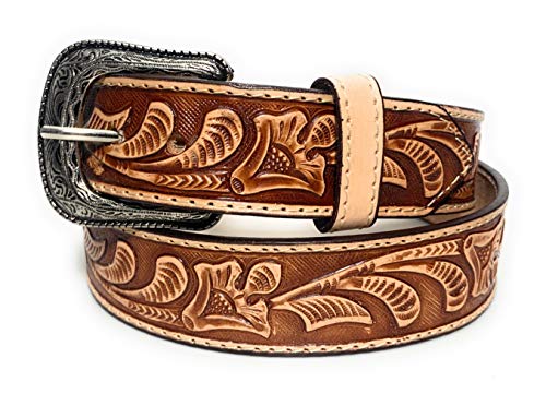 Western Tooled Leather Belt Cowboy Rodeo Casual Floral Embossed Belt (38, Tan)