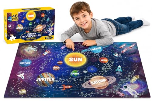 Jumbo Floor Puzzle for Kids Ages 4-6, 48 Piece Large Solar System Jigsaw Puzzle, Extra-Thick Cardboard Preschool Learning Toys for Toddlers 3-5, Educational Gift for Boys Girls 3 4 5 6 7 8