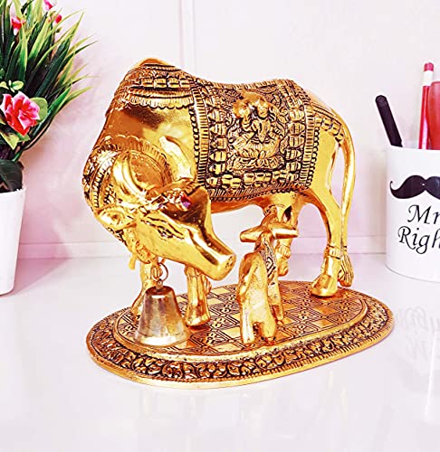 Image of KridayKraft Kamdhenu Cow,Calf with Bal Gopal Krishna Metal Statue for Good Luck,Feng Shui As Table Top Figurine,Vastu,Religious Gau MATA Idol