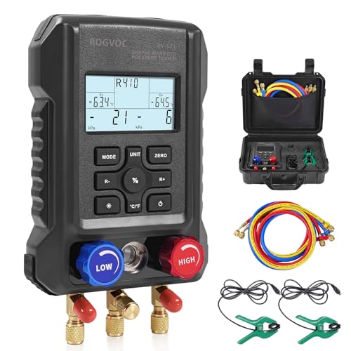 Rogvoc Digital Manifold Gauge, HVAC Refrigerants Digital AC Gauges Set with 2 Thermometer Clamps and 3 Hoses, for R22/R410A/R134A/1234YF Refrigerant Recharge Kit