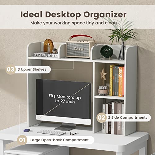 Giantex Desktop Bookshelf, Wood Desk Hutch Organizer For 27 Inch Computer Monitor, Countertop Storage Display Rack With 5 Shelves, Multipurpose Desktop Shelf Bookcase For Dorm Office Home, White #TOP12