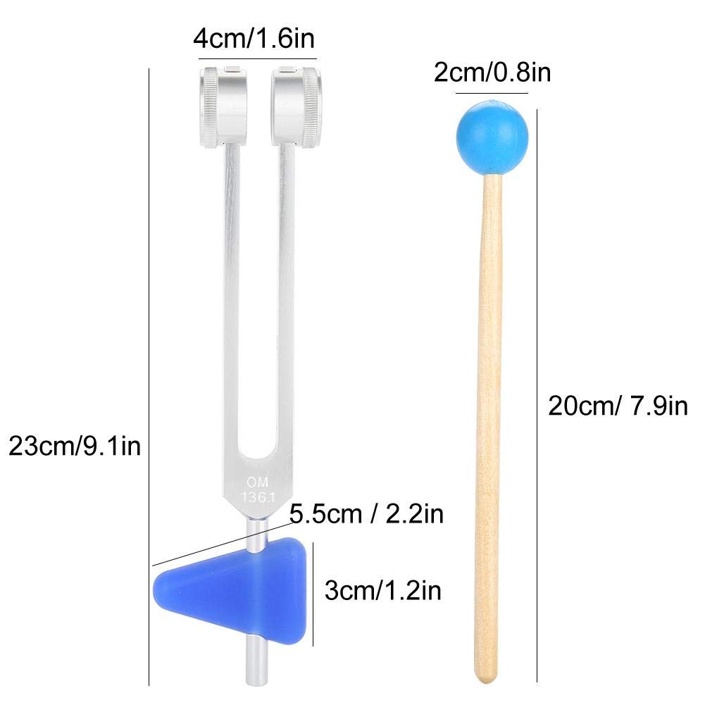 Diapasón, 136.1Hz Diapasón de aleación de Aluminio 9.1 x 1.6 Pulgadas Kit de Instrumentos de Plata de Baja frecuencia con mazo y triángulos de Silicona