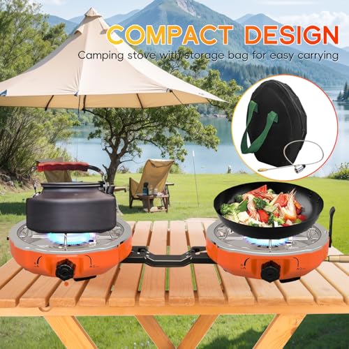 QSMYUYE 2 Burner Camping Stove Gas Portable, Foldable Camping Gas Stove with 20000 BTU Adjustable Burners & Piezo Ignition, for Camping, Picnic Cooking Essentials Gear