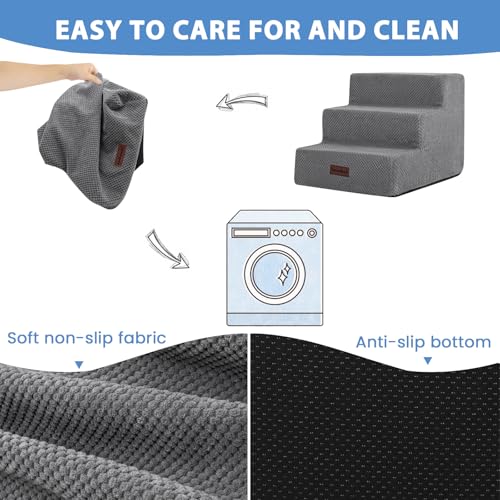 Image of Aodisman Dog Stairs for Small Dogs & Cats,3-Step Pet Steps for Couch & Bed | High-Density Foam Dog Steps with Anti-Slip Bottom,Easy for Puppies,Older Cats & Dogs to Reach Sofas & Chairs,Grey,13.6 inch H