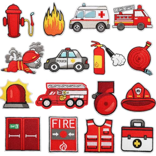 Patches Zum Aufbügeln Jean Patch Sticker zum Aufnähen Bügelbilder Patches Set Sewing Applique für T-Shirt Jeans Kleidung Taschen (16 Feuerwehrauto Aufnäher)