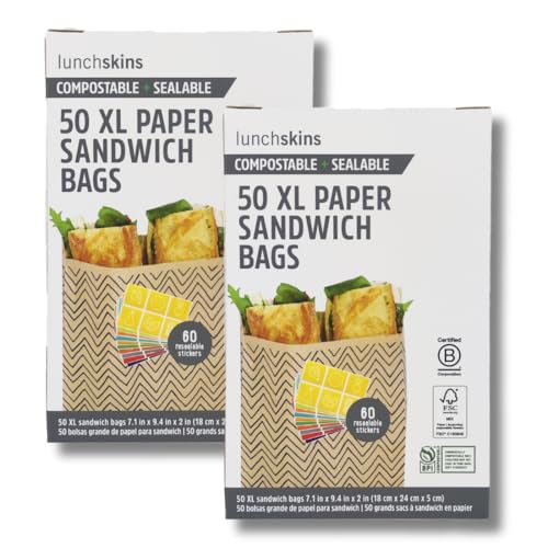 Lunchskins Compostable XL Sandwich Bags 100 Count | Chevron Design | Eco-Friendly Food Storage Bags Made from Unbleached Kraft Paper with Recyclable Resealable Stickers
