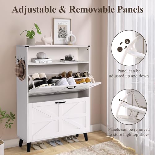 Homdox-Shoe-Cabinet-with-2-Flip-Drawers-Hidden-Slim-Shoe-Storage-Cabinet-with-Open-Storage-Freestanding-Farmhouse-Narrow-Shoe-Organizer-Cabinet-for-Entryway-Foyer-Hallway-White Homdox Shoe Cabinet with 2 Flip Drawers Hidden Slim Shoe Storage Cabinet with Open Storage Freestanding Farmhouse Narrow Shoe Organizer Cabinet for Entryway Foyer Hallway White