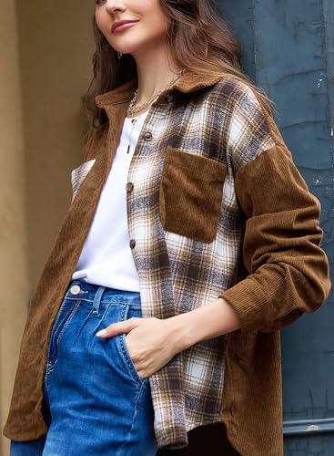 Astylish Women's Color Block Corduroy Shirts Long Sleeve Button Down Boyfriend Blouses Tops3