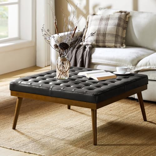 HULALA HOME Genuine Leather Square Coffee Table, Button Tufted Upholstered Ottoman Coffee Table with Solid Wooden Flared Legs, Mid-Century Modern Extra Seating for Living Room, Black