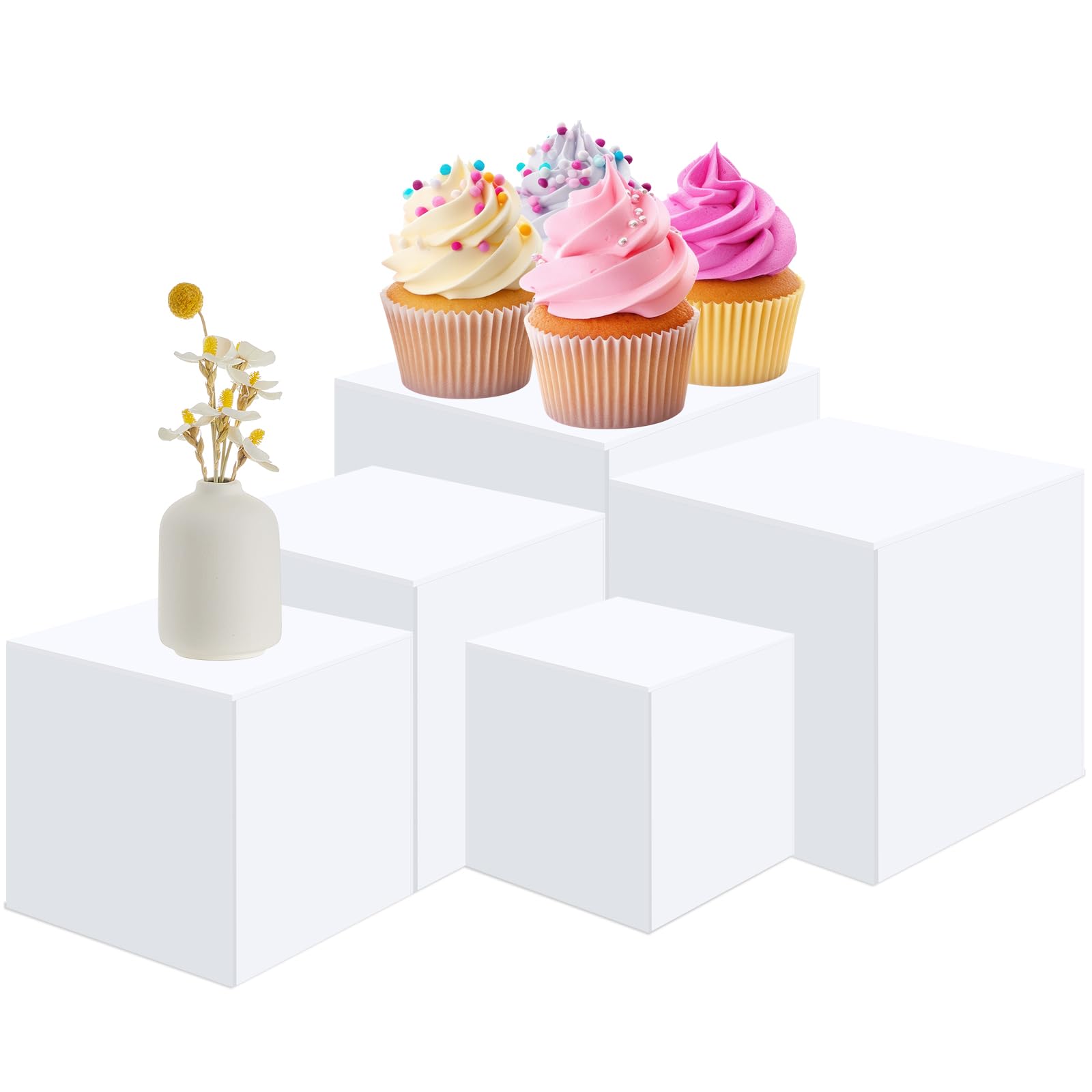Geetery Juego de 5 elevadores de bufé de acrílico con fondo hueco, cajas acrílicas para exhibición de postres de mesa, para catering, coleccionables, decoración de joyas (blanco, 3, 4, 5, 6, 7
