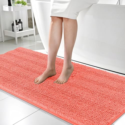 Image of OLANLY Thick Bathroom Runner Rugs 59x24, Absorbent Chenille Striped Bath Rugs, Rubber Backing, Machine Wash Dry, Extra Long Bath Mats for Bathroom Floor, Tub and Shower, Home Decor Accessories, Coral