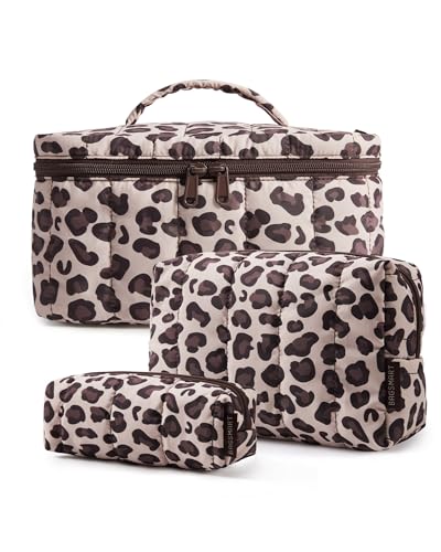 BAGSMART Travel Makeup Bag for Women 3 Pcs Puffy Quilted Cotton Cosmetic Organizer Large Toiletry Case and Small Purse Pouch for Gym Work Girls (Leopard Print)