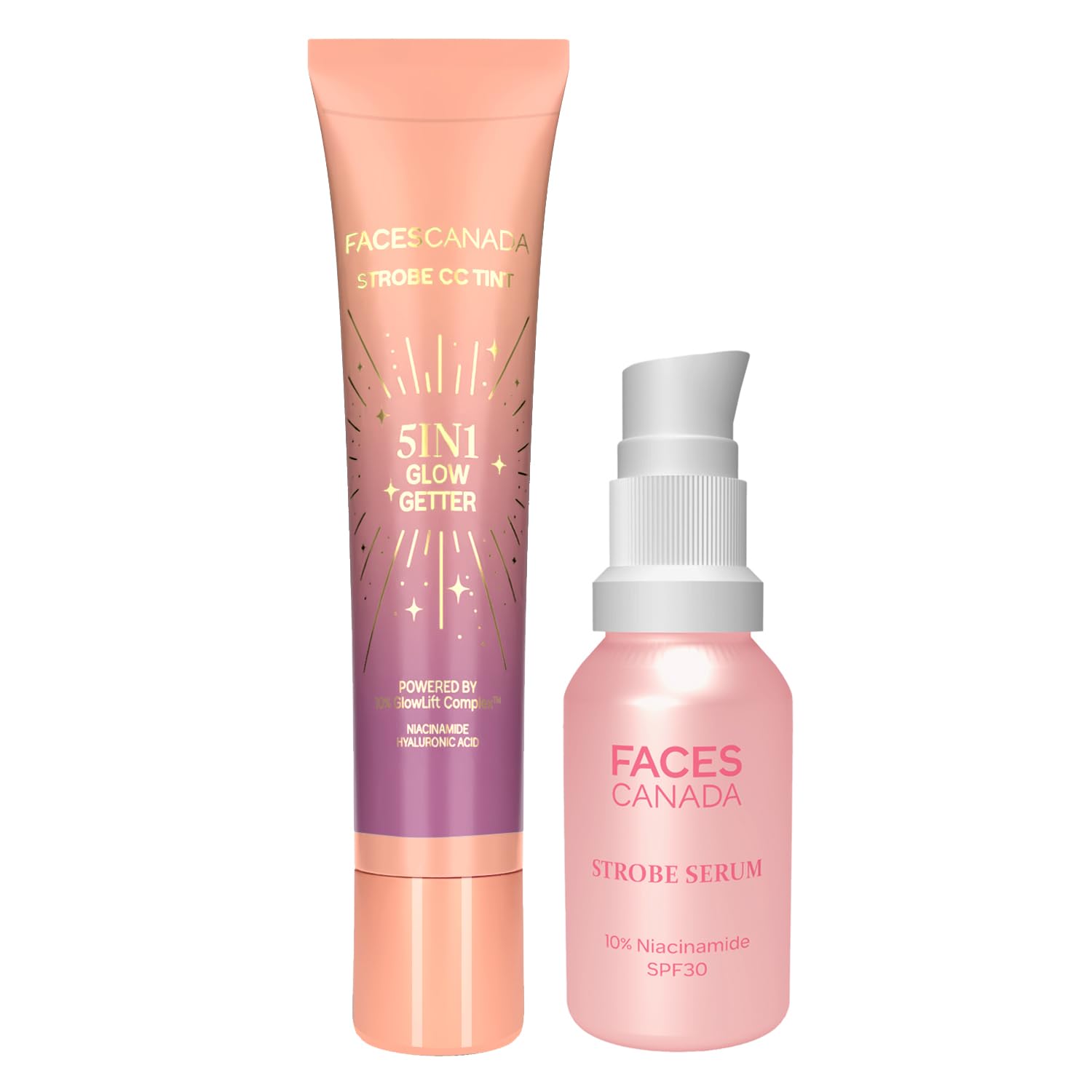 FACES CANADA Strobe Skincare Combo for Instant Glow | Strobe Serum, 15ml + CC Tint - Sunset Glaze, 18ml | SPF 30 | Dewy Highlighter Like Glow | For Light To Medium Skin | Pack of 2-image-24