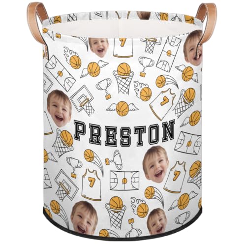 Personalized Laundry Hamper with Name Custom Name Collapsible Dirty Clothes Basket Circular Laundry Baske with Handles for Bathroom Bedrooms Dorm Basketball Head
