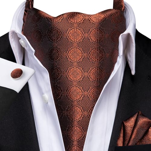 Image of Hi-Tie Silk Ascot for Men Self Tie Men's Cravat and Flower Lapel Pin Handkerchief Cufflinks Set for Wedding Party