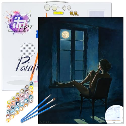 ITA Art Malen nach Zahlen Komplett Set mit Keilrahmen, Acrylfarben, Pinseln, Zubehör, Geschenkbox - DIY Gemälde Bastelset Kit mit Leinwand für Erwachsene, 40x50 cm, In der Stille der Nacht