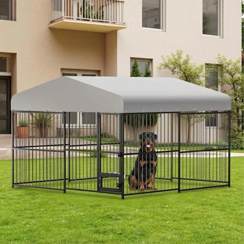 Outdoor Dog Kennel Outside Run with Safety Locks, Swivel Feeder, UV & Water Resistant Proof Cover - 10x10x6FT Large Dog Kennels Pens Outside for All Dog Breeds