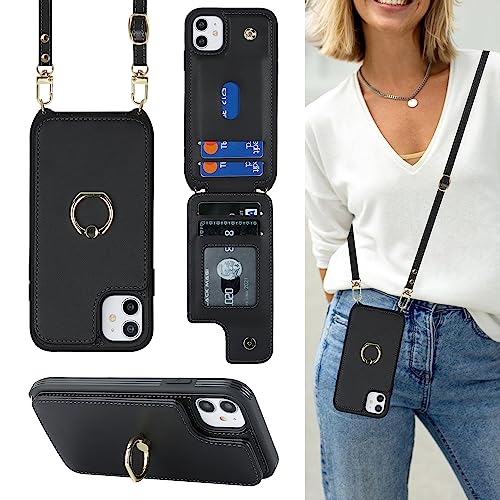 Lipvina for iPhone 12 Mini Case with Card Holder and Strap for Women,Crossbody Lanyard,Kickstand Ring Stand,Snap Clasp,RFID Blocking,Phone Wallet Cases 5.4 inch(Black)
