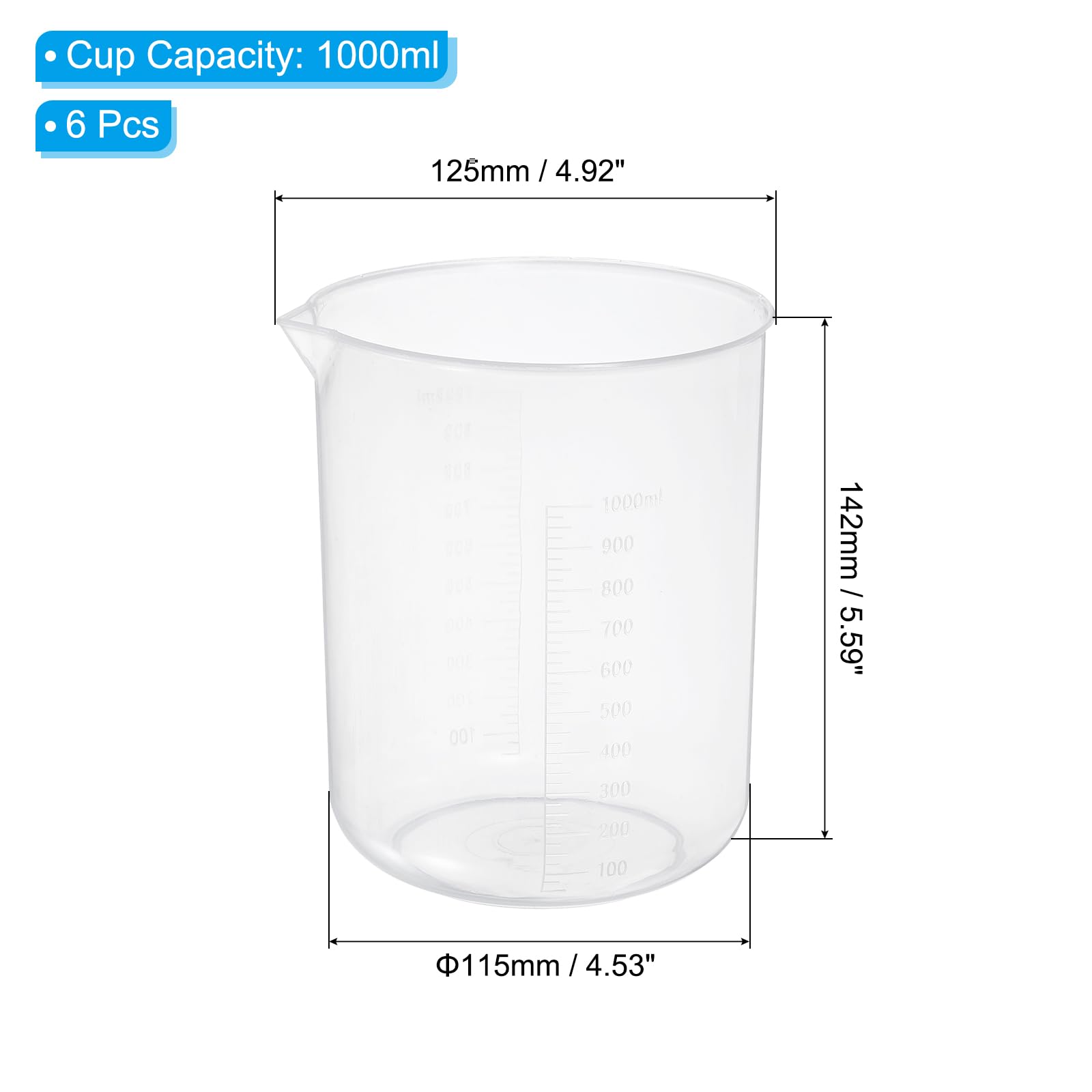 PATIKIL Jarras Medidoras De 1000ml, 6Pcs Vasos De Polipropileno Con Escalas Y Pico Para Experimentos De Laboratorio, Repostería Y Cocina, Transparentes