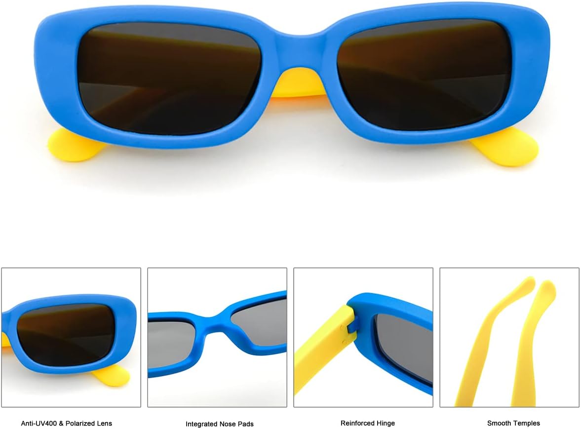 Long Keeper Kids Polarized Rectangle Sunglasses - Boys Girls UV Protection Glasses Children Flexible Rubber Sunglasses (Blue Yellow)
