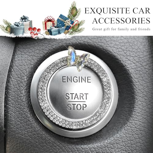 Image of DXNQ 2PCS Bling Ring Emblem, Sparkling Butterfly Car Buttons and Knobs Ring, Girly Butterfly Diamond Car Engine Start Button Cover, Key Ignition Knob Rings Decoration for Women (White, Double Row)