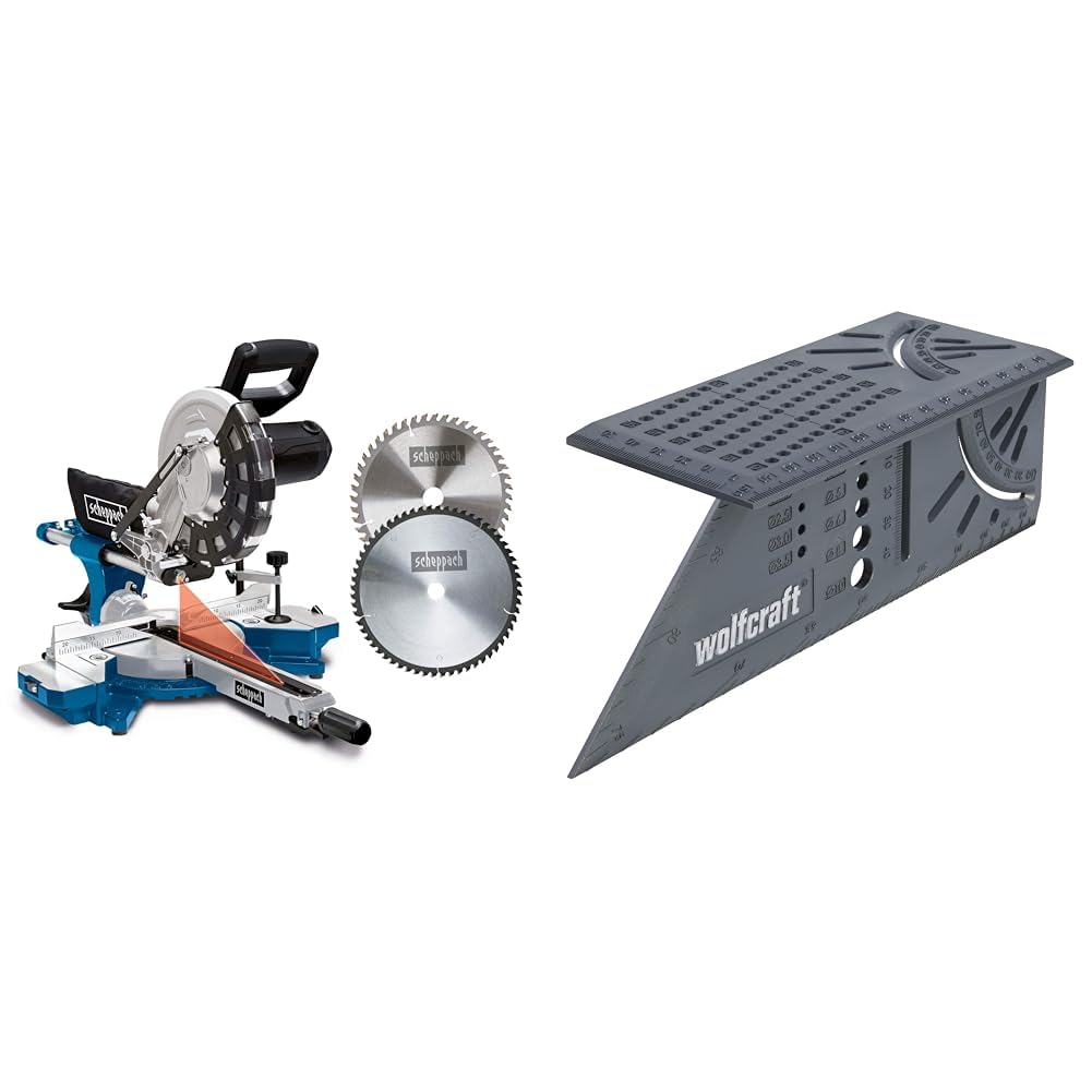 Scheppach Scie à onglets avec démarrage progressif & laser HM254 | 2000W | Lame Ø255mm | Largeur/hauteur de coupe & wolfcraft 5208000 Équerre 3D d'onglet
