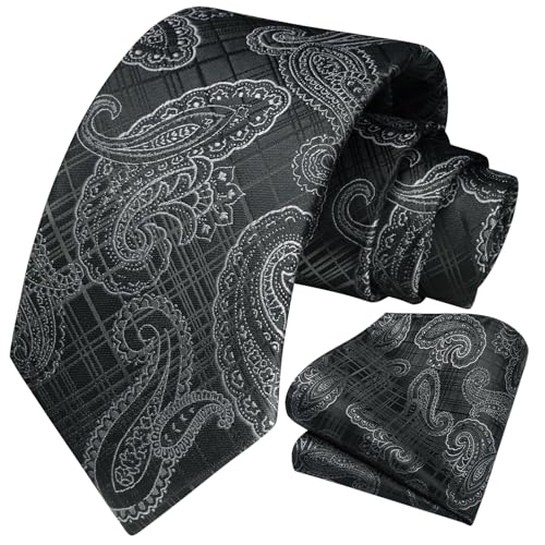 Image of HISDERN Extra Long Ties for Men Classic Floral Tie and Pocket Square Elegant Silk Necktie Handkerchief Set Wedding Party