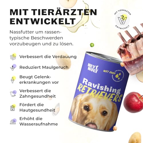 HEY HOLY Premium Nassfutter für Retriever | 18x 400g Hundefutter für ausgewachsene Retriever mit Lamm | Hochverträglich aus natürlichen Zutaten