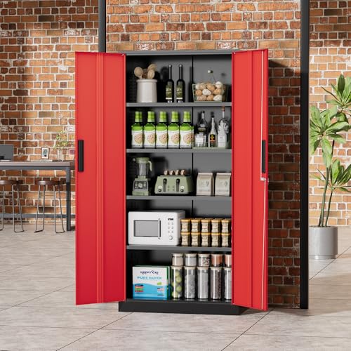 Image of Greenvelly Metal Storage Cabinet,72 inch Locking Metal Garage Storage Cabinet with Doors and 4 Adjustable Shelves, Lockable Steel Cabinet for Home Office, Garage, Shop, School (Red 32 inch W x 16 inch D)