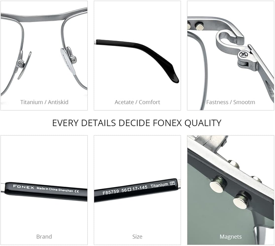 FONEX Pure Titanium Glasses Frame Men Square Magnet Clip On