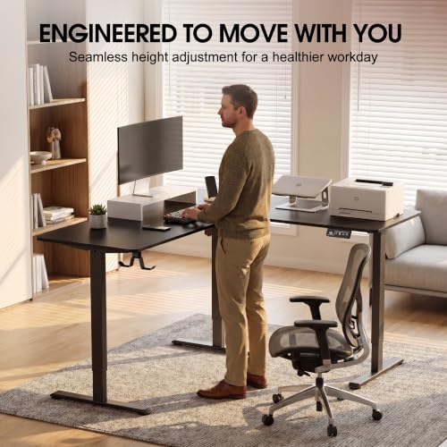 Image of Furmax 63 x 48 Inch L Shaped Standing Desk with 2 Preset Heights, Electric Height Adjustable Computer Table, 2 Hooks & Feet Balance, Corner Sit Stand Desk for Home Office (Black, 63 x 48 Inch)