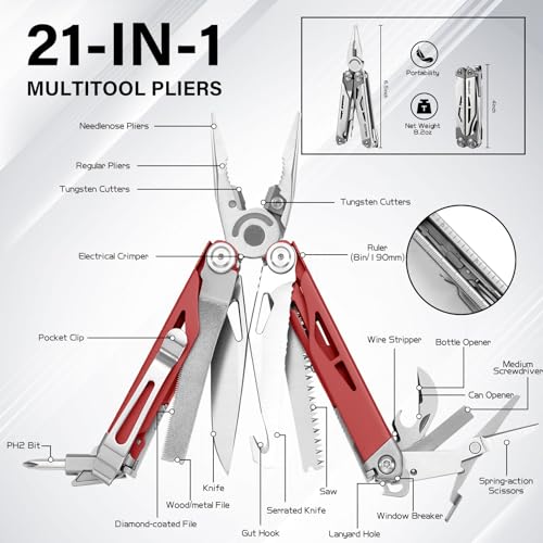 Image of 21-in-1 Multitool Pliers & Scissors w /Tungsten Cutters, Self-Locking | Durable EDC Set for Camping, DIY & Outdoor Survival, Pocket-sized Repair Kit, Brick Red