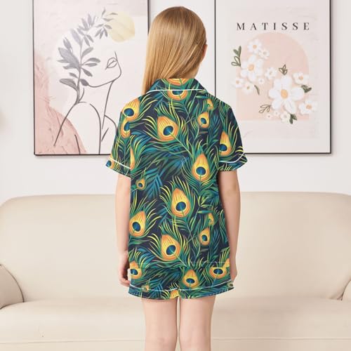 ALAZA Beautiful Blue Yellow Peacock Feather Satin Pajamas Set Short Sleeve Button Down Sleepwear Summer Pjs 2 Piece4