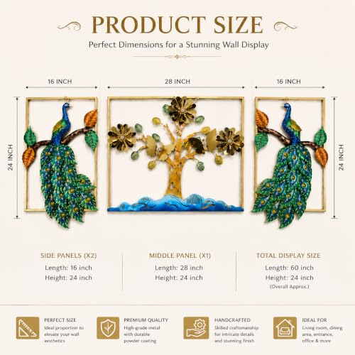 Image of SHREE 'O' GREEN TECH - Big Iron Peacock Wall Hanging with Tree of Life Floral Leaves Vibrant Feather Design Large Framed Artwork for Living Room Bedroom Office Hotel Decor (Set of 3)