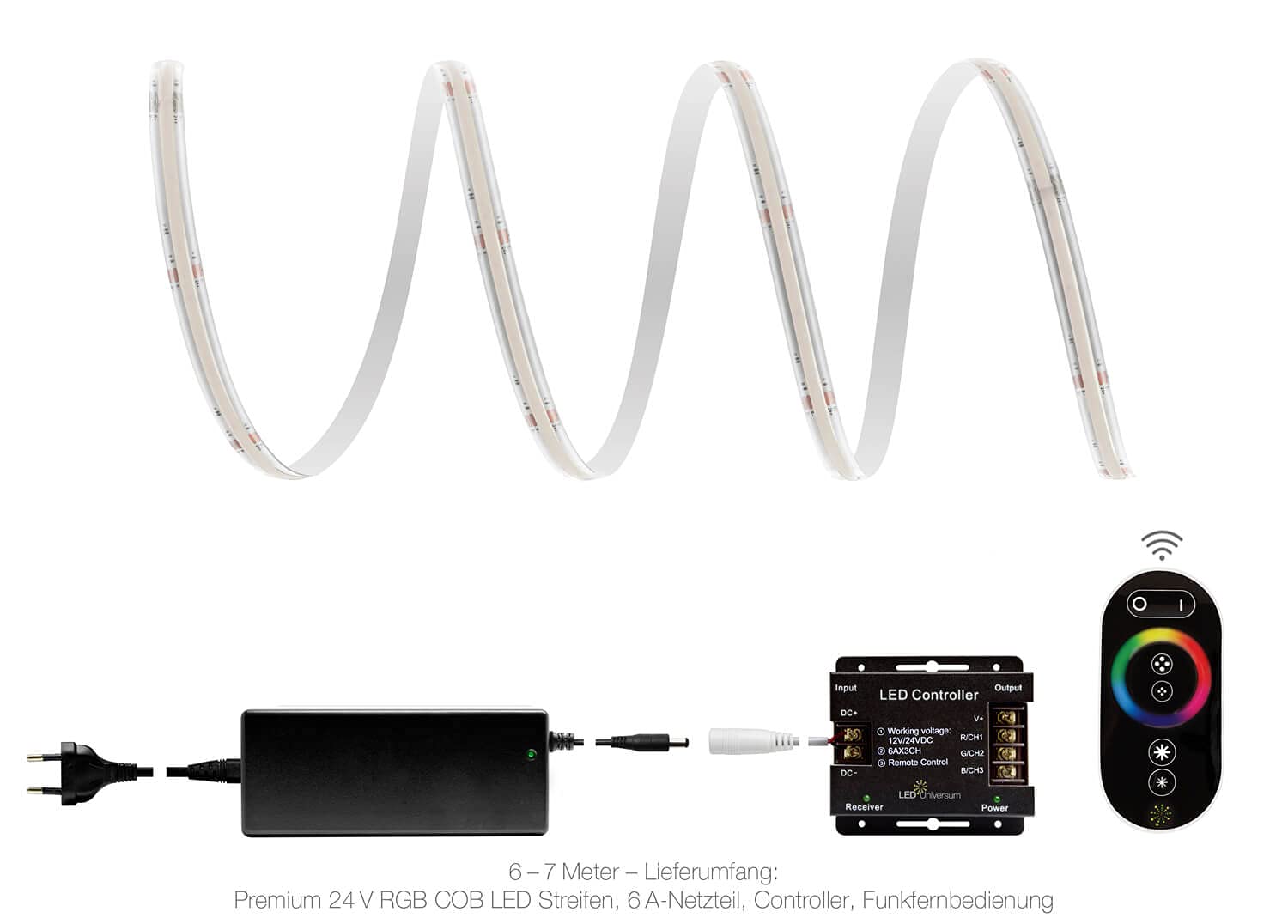 LED Universum Juego de tiras LED COB RGB con mando a distancia, controlador y fuente de alimentación, filamento premium, 24 V, IP65, multicolor (2 metros)
