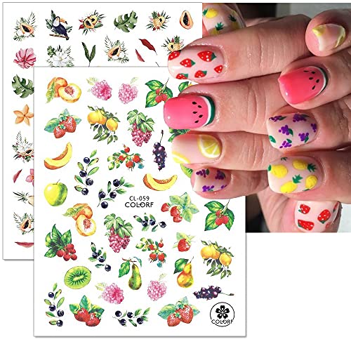 Dornail 8 Sheets Holographic Summer Fruit Nail Stickers 3D Laser Lemon Strawberry Watermelon Flower Leaf Nail Decals Self Adhesive Sticker Diy Nail Design Nail Art Decoration #TOP2