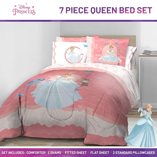 Image of Disney Princess Cinderella Queen Comforter Set 7 Piece Kids Bedding, Pink | Bed in a Bag, Comforter Sheets Shams Pillowcases, Official Brand, Soft Microfiber, Machine Washable, Girls Gift