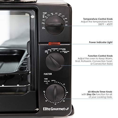 Elite Gourmet Counter Top Toaster Oven Rotisserie, Bake, Grill, Broil, Roast, Toast, Keep Warm and Steam, 23L, Black Elite Gourmet Counter Top Toaster Oven Rotisserie, Bake, Grill, Broil, Roast, Toast, Keep Warm and Steam, 23L, Black
