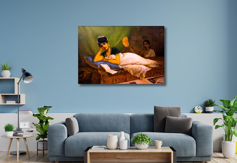 Image of Sikhash Raja Ravi Varma Canvas Paintings Classic Art, Indian Art, Famous Artist, Wall Painting for Living Room, Bedroom, Office, Unframed, Multicolor Fabric Size - 12x8 inches (30x20 cms, Reclining Nayar lady)