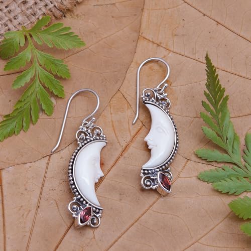 NOVICA Artisan Handcrafted Garnet and Bone Dangle Earrings - Sterling Silver Crescent Moon With French Wire2