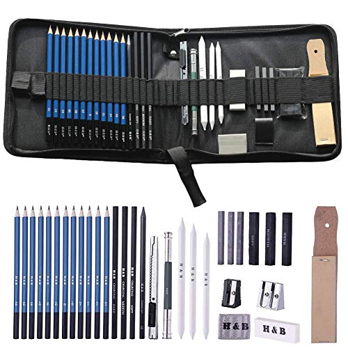 Sketching Pencils Art Drawing Supplies Set - 32 Professional iSunful Sketch Pencil Complete Kit | Graphite Charcoal Sticks Erasers Tool | Gift for Beginners,Kids,Teens,Adults,Artists in Zipper Case