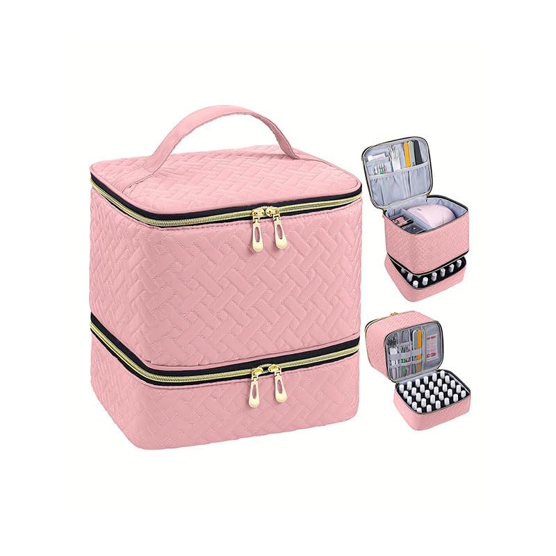 FLORPERRY プロフェッショナル ネイルバッグ ネイル収納ボックス 二層式収納バッグ ポリッシュキャリングケース-ネイルドライヤーランプとボトル60本（15ml/0.5液量オンス）収納可能、マニキュアセット用仕切り付きネイルポリッシュオーガナイザーバッグ ピンク