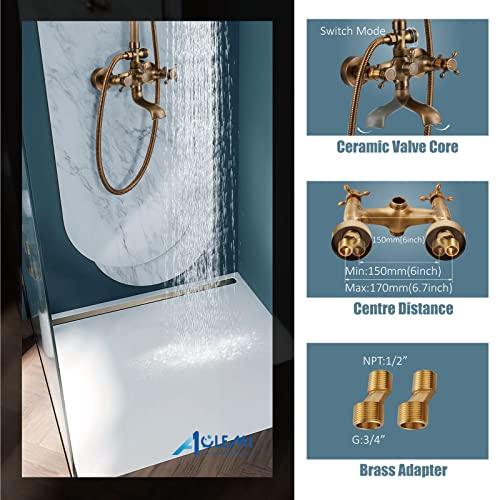 Aolemi Antique Brass Shower Faucet Set With Hand Sprayer And Tub Spout 12 Inch Extension Tube Included Bathroom 8 Inch Rain Shower Head System Wall Mount 3 Functions Double Cross Handle #TOP7