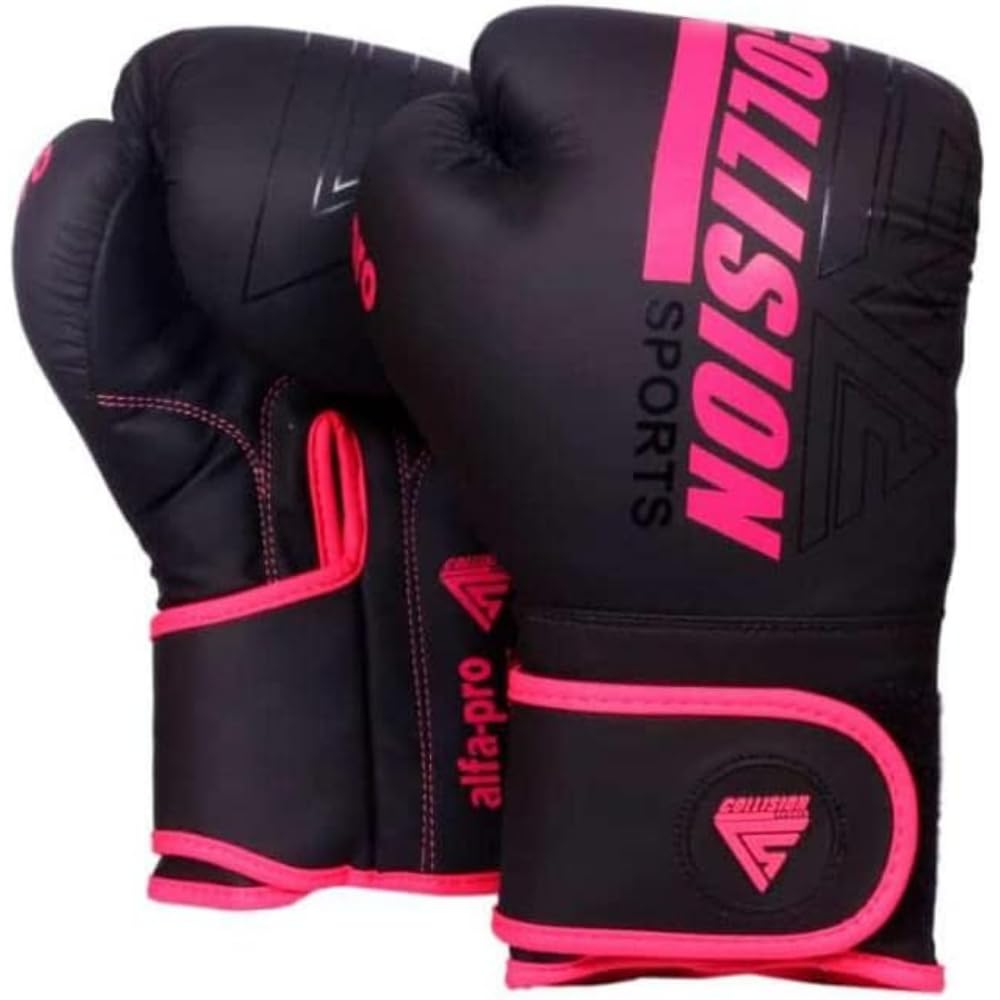 Collision Sports Professional Unisex Boxing Gloves | MMA Muay Thai Boxing Gloves For Training | Multi-Layered Ventilated Sparring Gloves (Pink/Black, 16 oz)
