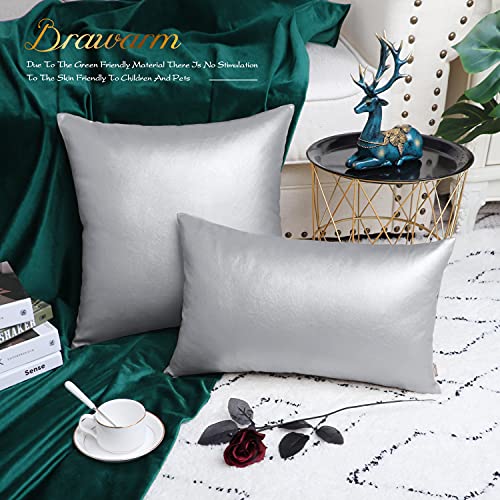 Image of BRAWARM Pack of 2 Cozy Throw Pillow Covers Cases for Couch Sofa Bed Solid Faux Leather Soft Luxury Cushion Covers Both Sides Home Decoration 20 X 20 Inches Silver