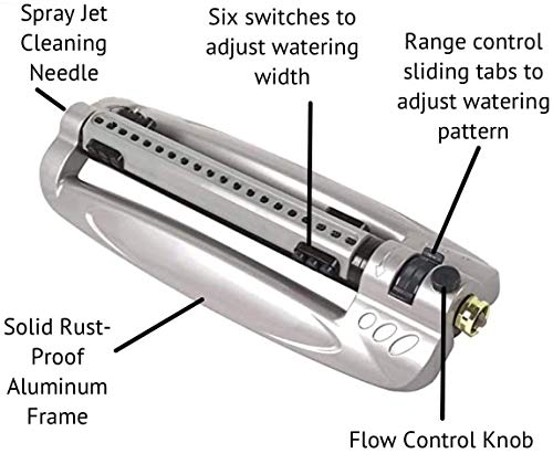 Rocky Mountain Goods Metal Oscillating Lawn Sprinkler - Rust-Proof Aluminum Sprinkler With Solid Brass Jets - 4,100 Sq. Ft. Coverage - Easy Adjust Range Control #TOP1