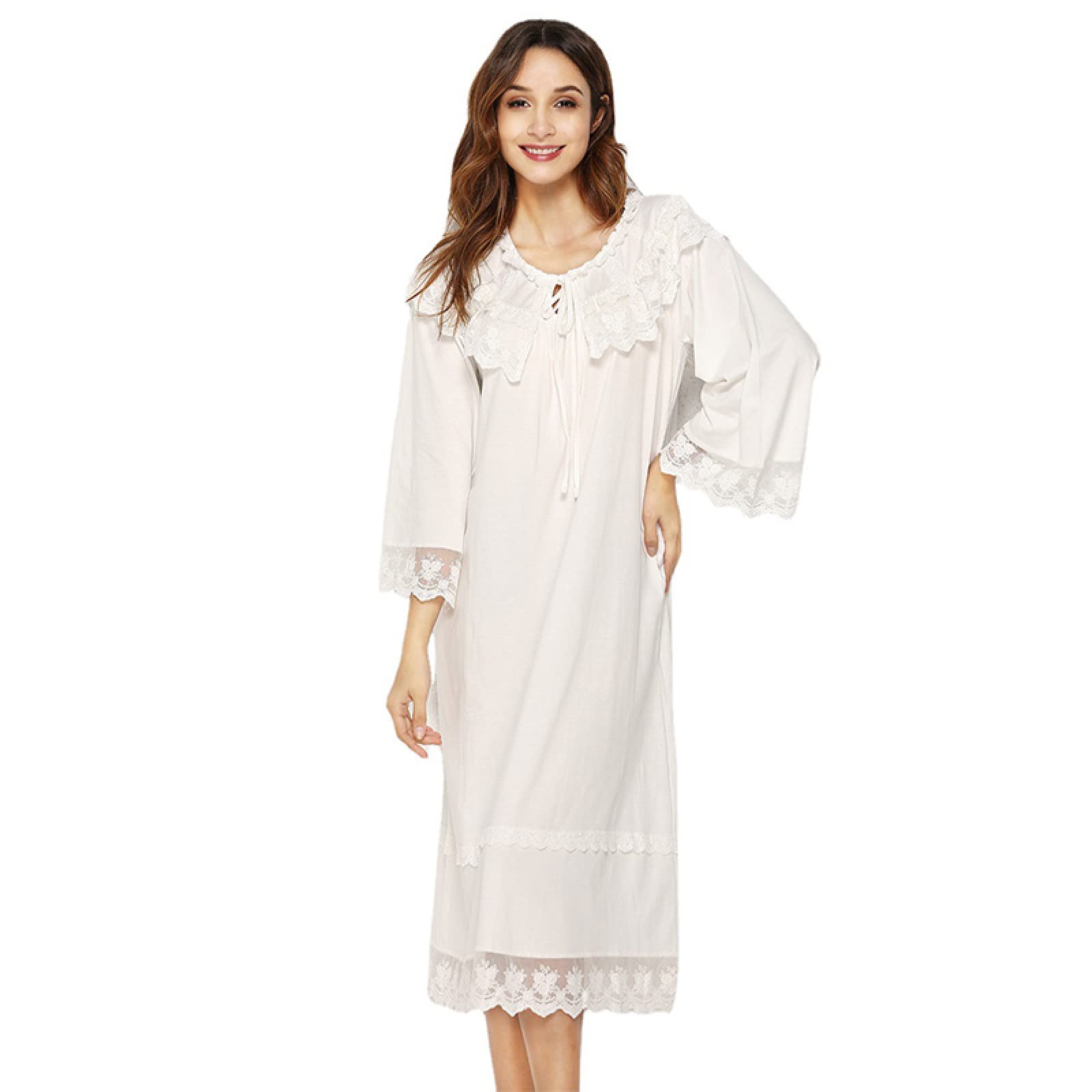 OFFSUM Camisón De Pijama De Mujer - Vestido Clásico De Encaje De Algodón con Cuello Redondo Moda Primavera Verano Camisón Blanco Vintage Bata Ropa De Dormir De Princesa