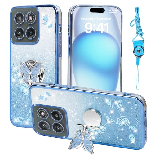 RTYQXK for Motorola Moto Edge 5G 2025 Phone Case,for Mobile Phone Case for Women and Girl, Glitter Butterfly Floral TPU Protective Cover with Kickstand+Strap for Moto Edge 5G 2025 (Blue)